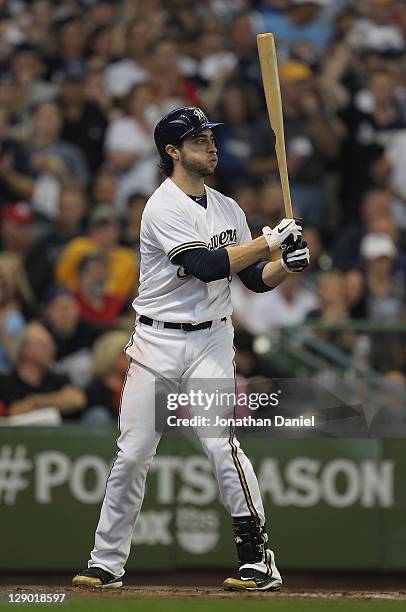 Ryan Braun of the Milwaukee Brewers prepares to bat against the Arizona Diamondbacks during Game Five of the National League Division Series at...
