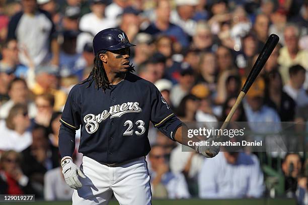 Rickie Weeks of the Milwaukee Brewers readies to bat against the St. Louis Cardinals during Game one of the National League Championship Series at...