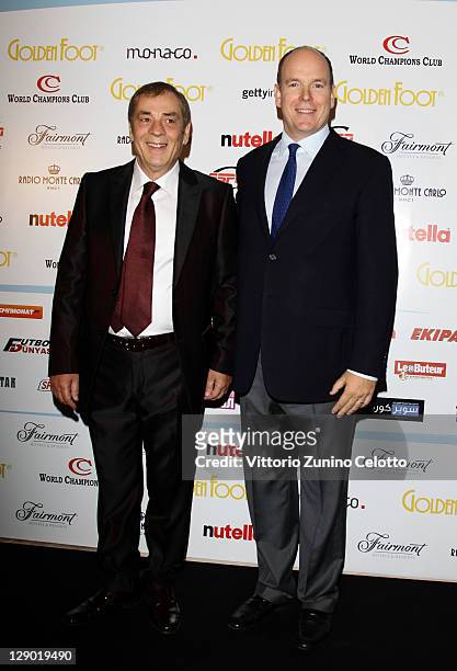 World Champions Club President Antonio Caliendo and HRH Prince Albert II of Monaco attend the Golden Foot Ceremony Awards on October 10, 2011 in...