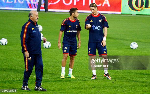 Spain's coach Vicente del Bosque, Spain's defender Jordi Alba and Spain's forward Fernando Torres attend a training session in Alicante on October 10...