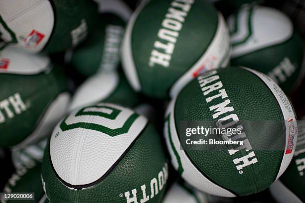 Dartmouth College basketballs are displayed for sale at a store on campus the day before a Republican presidential debate sponsored by Bloomberg via...