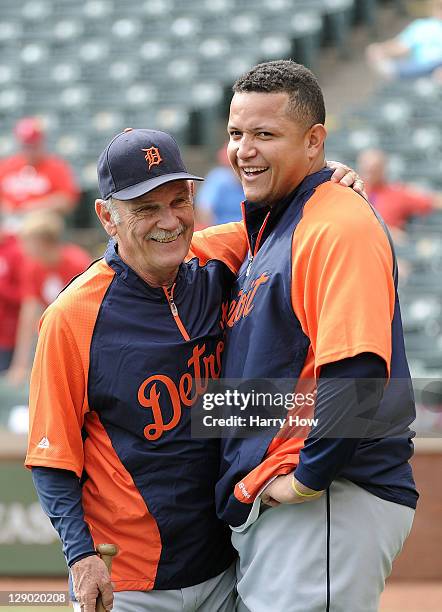 Manager Jim Leyland and Miguel Cabrera of the Detroit Tigers laugh together prior to Game Two of the American League Championship Series against the...