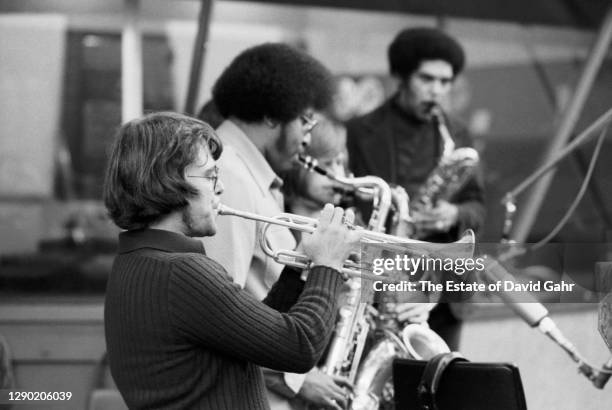 Legendary American horn section, The Memphis Horns pose for a portrait during a recording session for Aretha Franklin at Atlantic Records' recording...