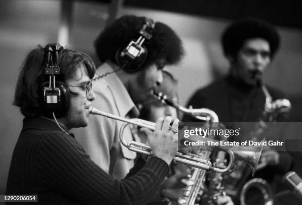 Legendary American horn section, The Memphis Horns pose for a portrait during a recording session for Aretha Franklin at Atlantic Records' recording...