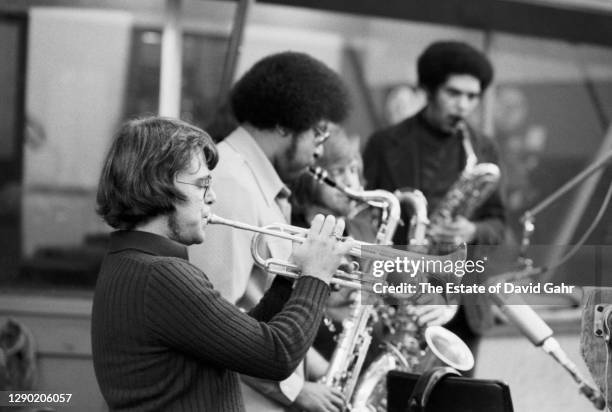 Legendary American horn section, The Memphis Horns pose for a portrait during a recording session for Aretha Franklin at Atlantic Records' recording...