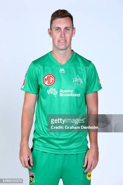 Billy Stanlake of the Stars poses during the Melbourne Stars Big Bash League 2020/21 team headshots session at Junction Oval on December 09, 2020 in...