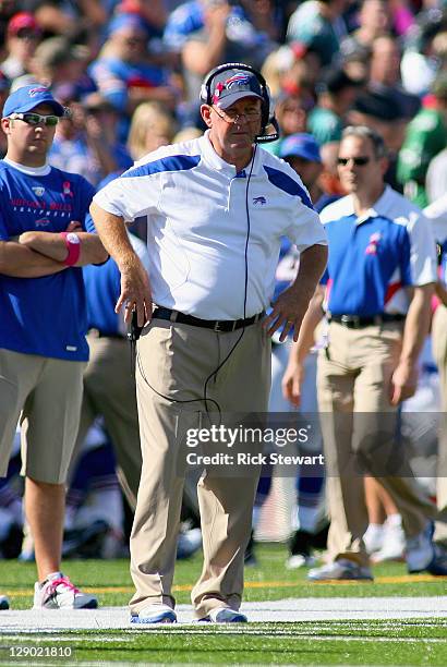 Chan Gailey, head coach of the Buffalo Bills stands on the sidelines against the Philadelphia Eagles at Ralph Wilson Stadium on October 9, 2011 in...