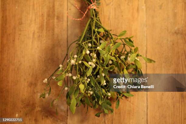 mistletoe branch on the door - mistel stock-fotos und bilder