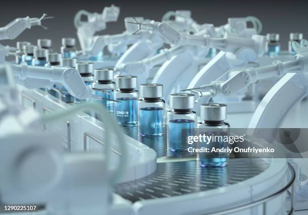 covid-19 vaccine production line. - covid 19 vaccin stockfoto's en -beelden