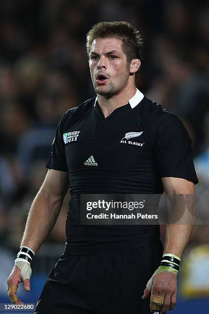 Richie McCaw of the All Blacks looks on during quarter final four of the 2011 IRB Rugby World Cup between New Zealand and Argentina at Eden Park on...