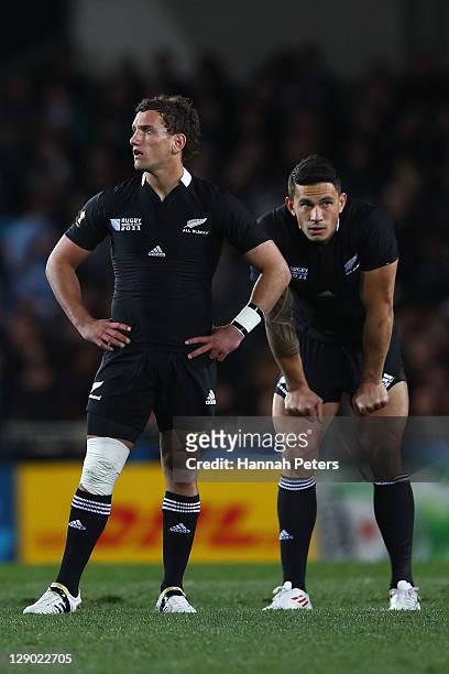 Aaron Cruden and Sonny Bill Williams of the All Blacks look on during quarter final four of the 2011 IRB Rugby World Cup between New Zealand and...