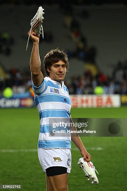 Lucas Gonzalez Amorosino of Argentina waves to the fans after the quarter final four of the 2011 IRB Rugby World Cup between New Zealand and...