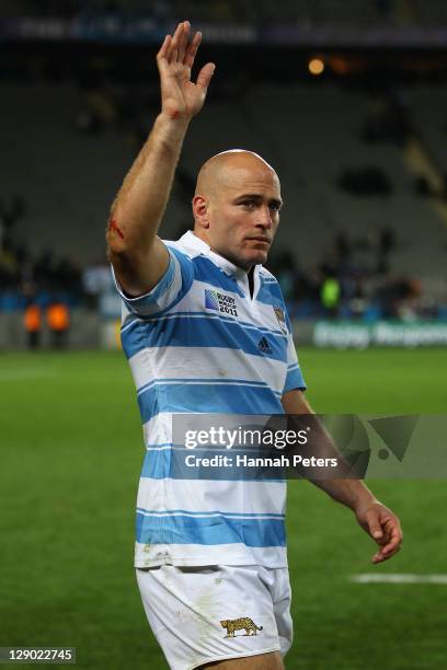 Felipe Contepomi of Argentina waves to the fans after the quarter final four of the 2011 IRB Rugby World Cup between New Zealand and Argentina at...