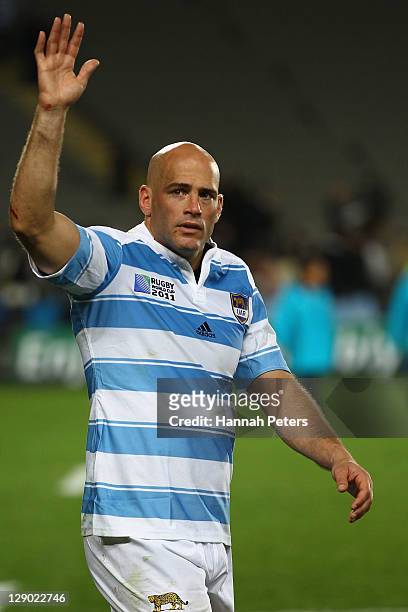 Felipe Contepomi of Argentina waves to the fans after the quarter final four of the 2011 IRB Rugby World Cup between New Zealand and Argentina at...