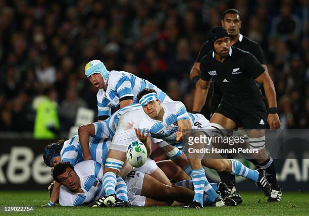 Nicolas Vergallo of Argentina dispatches the ball during quarter final four of the 2011 IRB Rugby World Cup between New Zealand and Argentina at Eden...