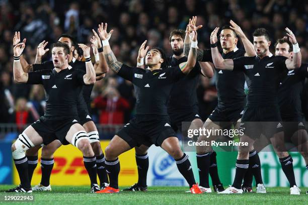 Richie McCaw, Ma'a Nonu and Cory Jane of the All Blacks perform the haka during quarter final four of the 2011 IRB Rugby World Cup between New...