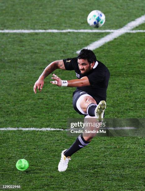 Piri Weepu of the All Blacks kicks a penalty during quarter final four of the 2011 IRB Rugby World Cup between New Zealand and Argentina at Eden Park...