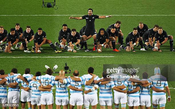 Piri Weepu of the All Blacks performs the Haka with team mates during quarter final four of the 2011 IRB Rugby World Cup between New Zealand and...