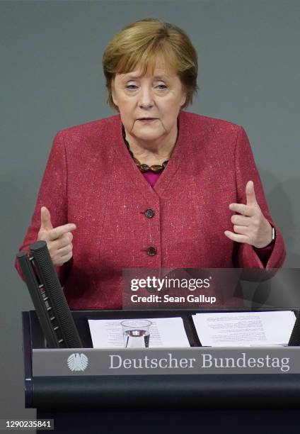 German Chancellor Angela Merkel speaks during debates over next year's federal budget at the Bundestag during the second wave of the coronavirus...