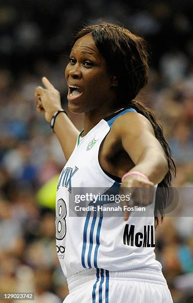 Taj McWilliams-Franklin of the Minnesota Lynx reacts in Game One of the 2011 WNBA Finals against the Atlanta Dream on October 2, 2011 at Target...