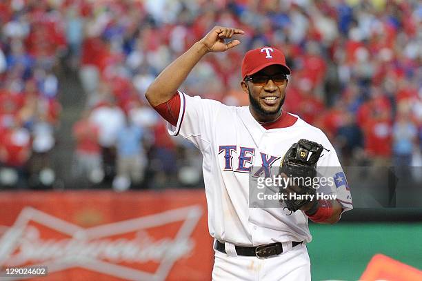 Elvis Andrus of the Texas Rangers reacts after a catch to end the top of the ninth inning of Game Two of the American League Championship Series...