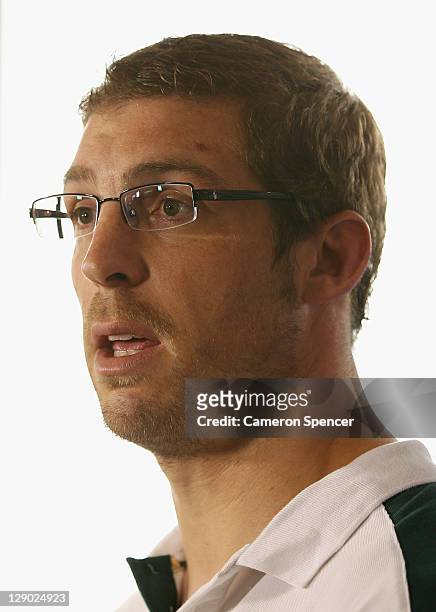 Dan Vickerman of the Wallabies talks during an Australia IRB Rugby World Cup 2011 media session at the Spencer on Byron hotel on October 11, 2011 in...