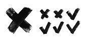 Set of seven trendy flat examples of check mark and cross icons - hand painted by black acrylic paint on white paper background vector illustration with amazing uneven natural irregular brush strokes - graphic signs of truth or falsehood