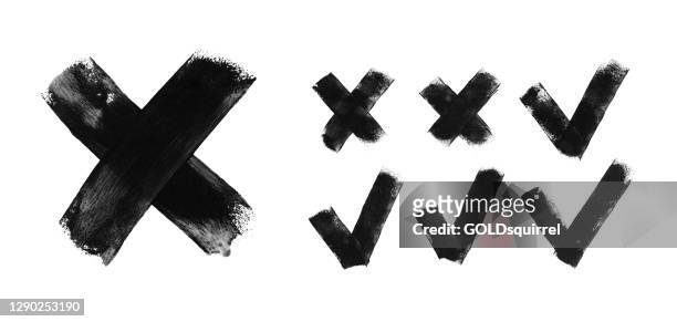 set of seven trendy flat examples of check mark and cross icons - hand painted by black acrylic paint on white paper background vector illustration with amazing uneven natural irregular brush strokes - graphic signs of truth or falsehood - letter x stock illustrations