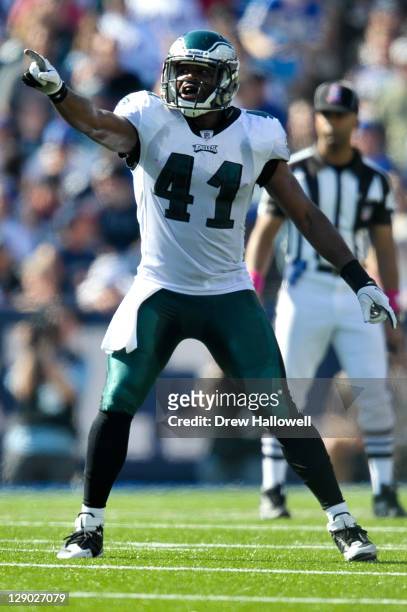 Jarrad Page of the Philadelphia Eagles points during the game against the Buffalo Bills at Ralph Wilson Stadium on October 9, 2011 in Orchard Park,...