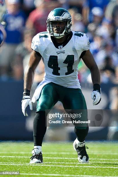 Jarrad Page of the Philadelphia Eagles drops back during the game against the Buffalo Bills at Ralph Wilson Stadium on October 9, 2011 in Orchard...