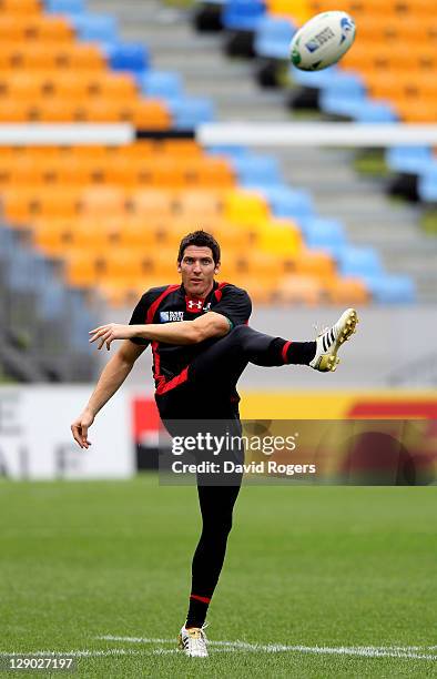 Utility back James Hook kicks the ball during a Wales IRB Rugby World Cup 2011 training session at Mt Smart Stadium on October 11, 2011 in Auckland,...