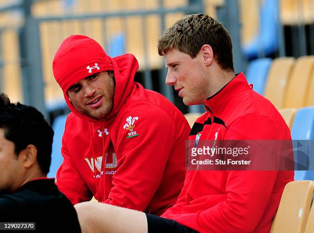 Centre Jamie Roberts and flyhalf Rhys Priestland look on from the stands during a Wales IRB Rugby World Cup 2011 training session at Mt Smart Stadium...