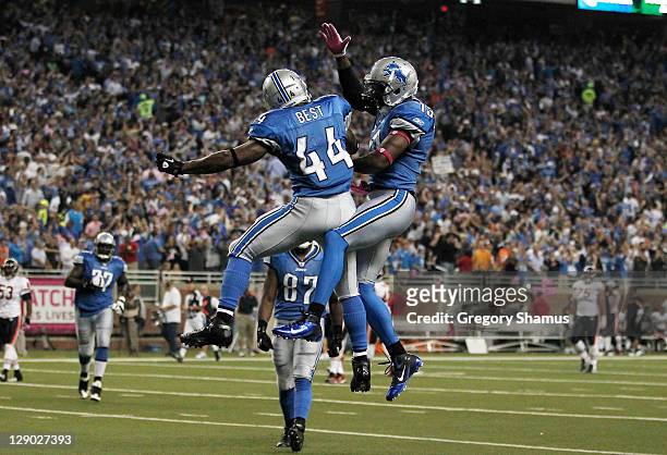 Jahvid Best of the Detroit Lions celebrates his third quarter touchdown with Nate Burleson while playing the Chicago Bears at Ford Field on October...