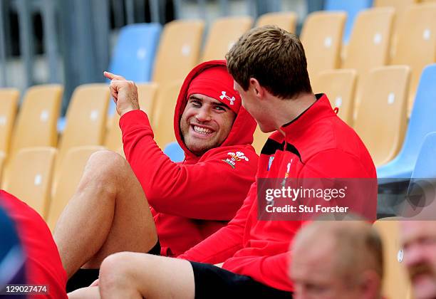 Centre Jamie Roberts and flyhalf Rhys Priestland look on from the stands during a Wales IRB Rugby World Cup 2011 training session at Mt Smart Stadium...