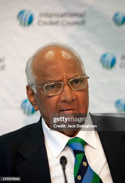 President Sharad Pawar attends a press conference at the International Cricket Council headquarters on October 11, 2011 in Dubai, United Arab...