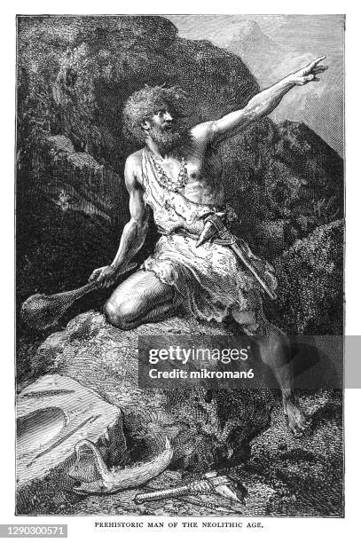 old engraved illustration of prehistoric man of the neolithic age - prehistoric man fotografías e imágenes de stock