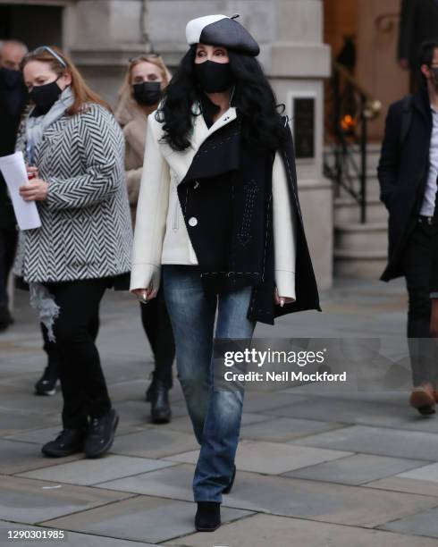 Cher seen leaving The Langham Hotel before heading to BBC Broadcasting House on December 09, 2020 in London, England.