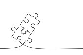 Two connected puzzle pieces of one continuous line drawn. Jigsaw puzzle element. Vector