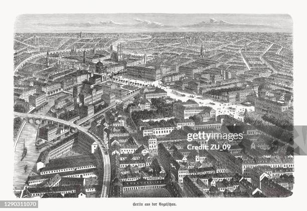 historical aerial view of berlin, germany, wood engraving, published 1893 - berlin museum island stock illustrations