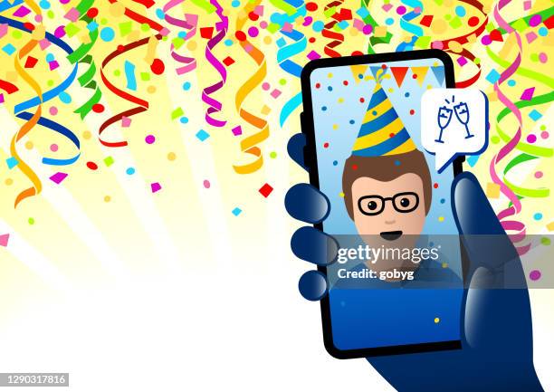 smart phone celebration, online party - virtual party stock illustrations