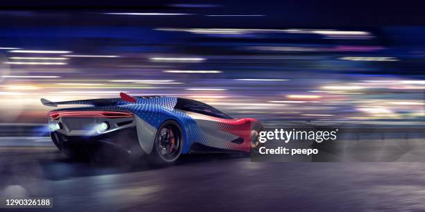 generisches sportwagen bewegt sich mit hoher geschwindigkeit auf einer rennstrecke - racing car stock-fotos und bilder