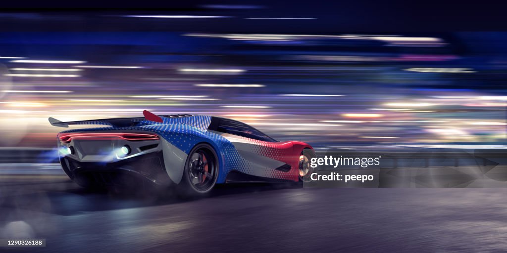 Generic Sports Car Moving At High Speed On a Racetrack