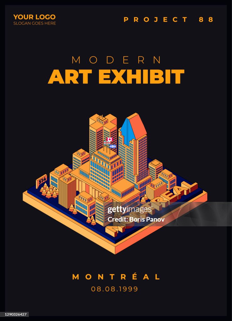 Modern Isometric Flyer or Poster Template of Downtown Montreal Canada for Event Promotion or Art Exhibit