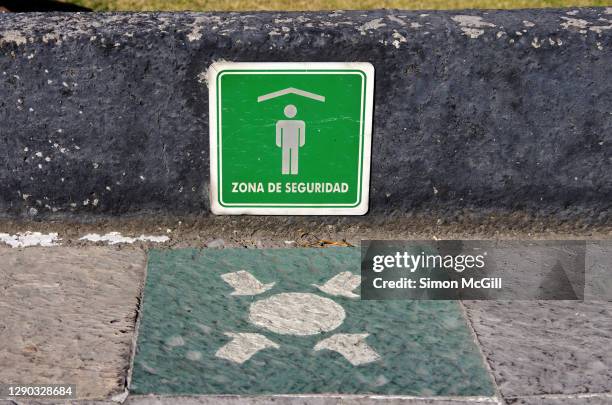 spanish-language sign stating 'zona de seguridad' [safety zone] and evacuation assembly point sign painted on a paving stone - mexico earthquake stock pictures, royalty-free photos & images