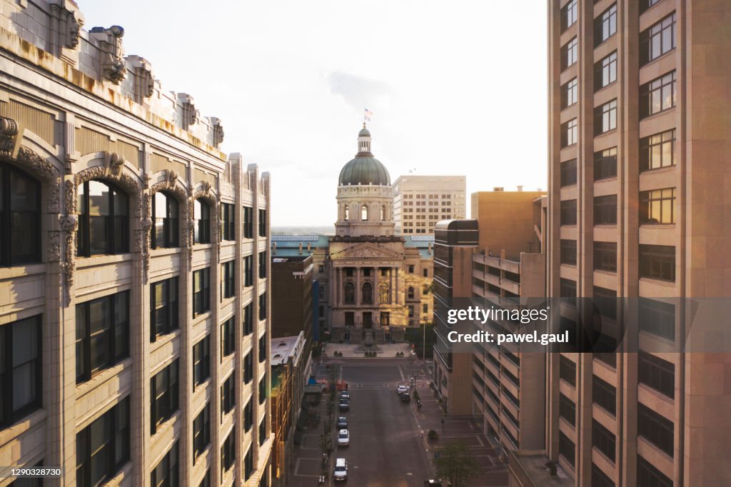 Aerial view of Indianapolis downtown with Statehouse in Indiana
