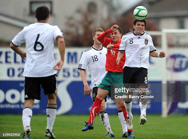 Sebastian Gartner of Germany heads the ball during the UEFA EURO U19 Qualifier match between Germany and Belarus on October 11, 2011 in Portadown,...