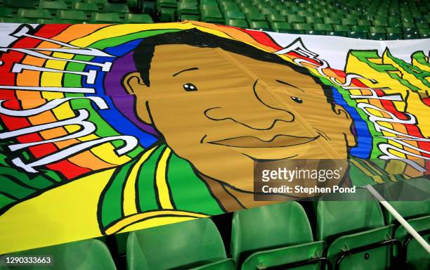 Banner of former footballer Justin Fashanu is seen inside the stadium ahead of the Sky Bet Championship match between Norwich City and Nottingham...