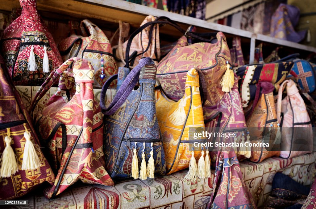 Textile backpacks and bags with oriental ornament, Cappadocia, Turkey.