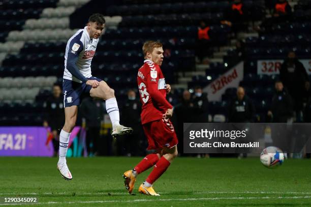 Andrew Hughes of Preston North End scores their team's first goal during the Sky Bet Championship match between Preston North End and Middlesbrough...