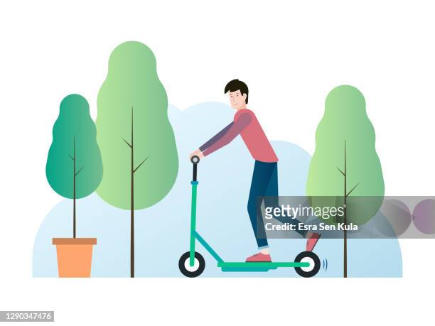 stockillustraties, clipart, cartoons en iconen met jonge mens die een elektrische scooter berijdt - alternatieve brandstofvoertuig